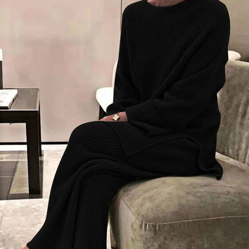 Thumbnail: Fashion Women Loose Knit Sweater Suit Casual Solid O Neck Pullover Wide Leg Pan