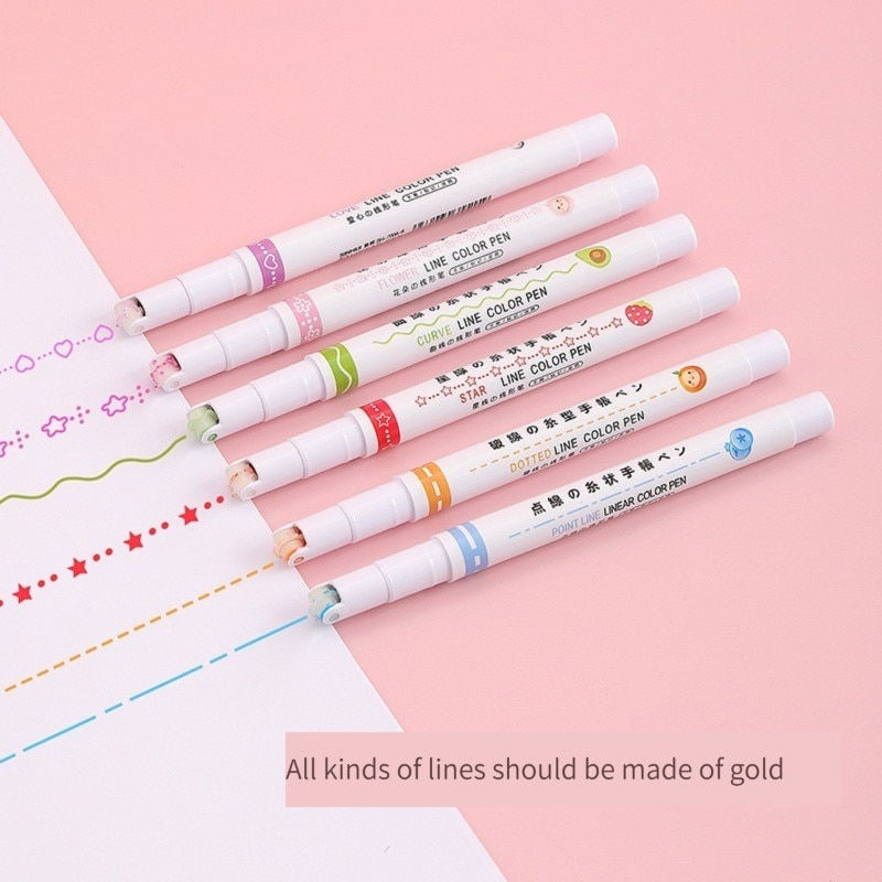 Miniatiūra: 6Pcs/set Kawaii Flowers Line Shaped Highlighter Pens Roller Tip Curve Liner Mar