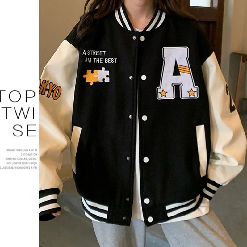 Thumbnail: Unisex Retro Alphabet Print Baseball Jacket - Harajuku Style All-Match for Men
