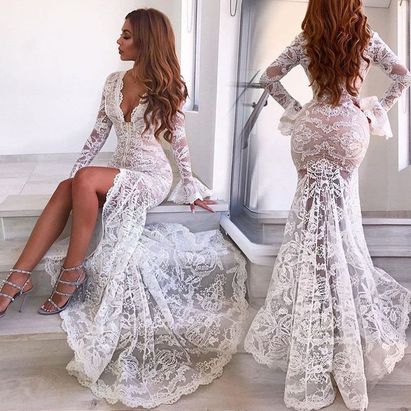 Miniaturebillede: 2023 Summer New Ladies Dress Sexy Deep V Neck Split Fishtail Skirt Gown Suitabl