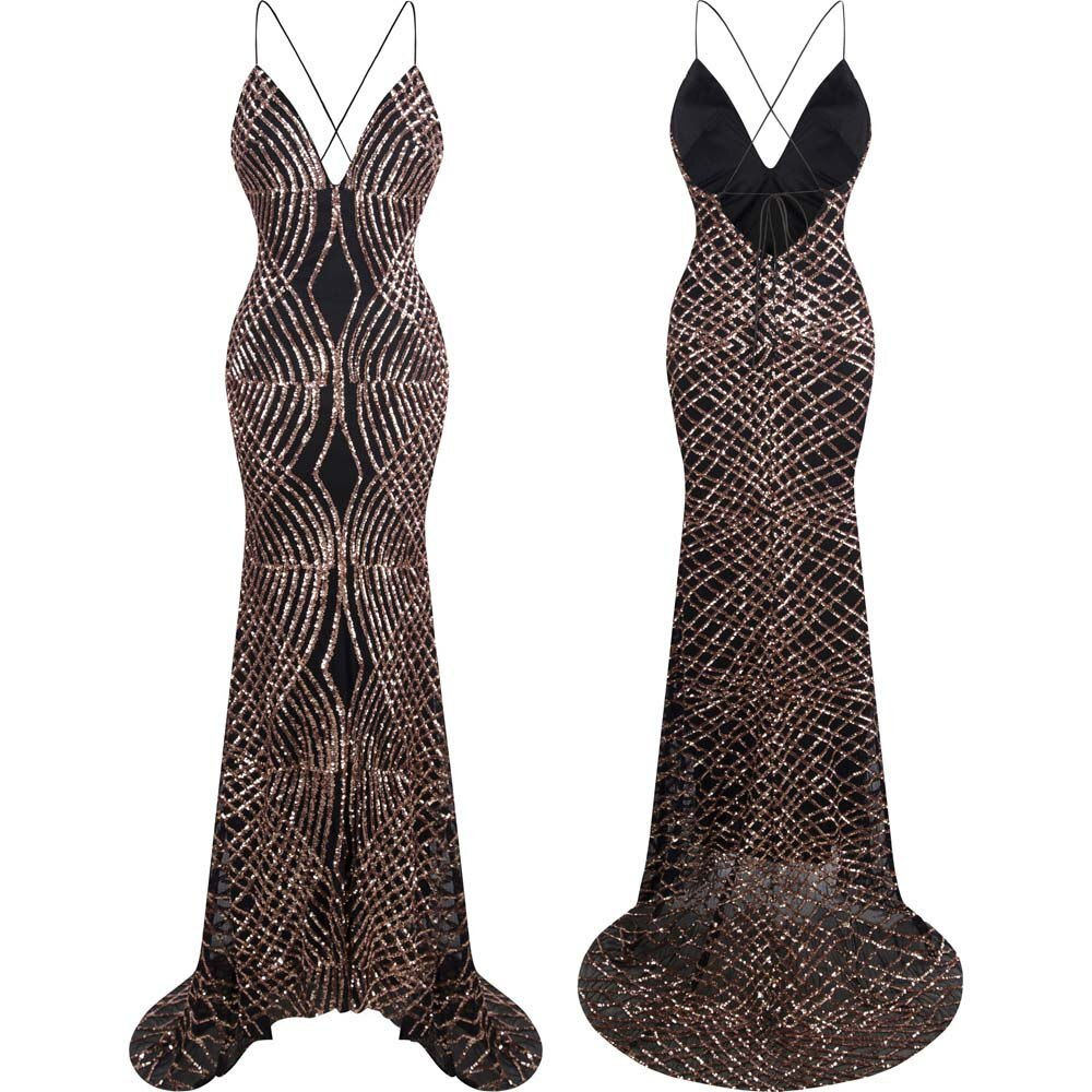 Angel-fashions Spaghetti Strap Sparkly Sequin V Neck Crisscross Tie Back Court