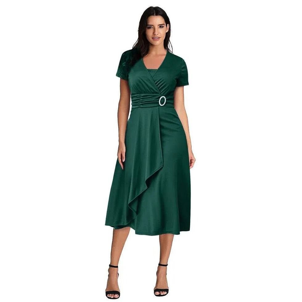 Thumbnail: Elegant Women Solid Color Short Sleeve V Neck Asymmetric Hem Waist Tight Midi P