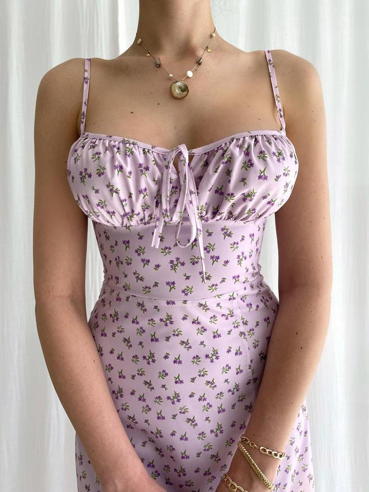 Miniatura: Hugcitar 2023 Sleeveless Satin Slip Floral Ruched Bandage Cut Out Maxi Dress Su