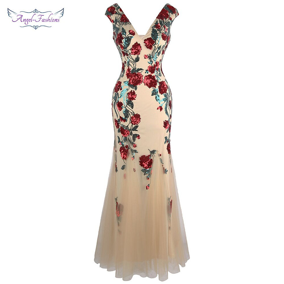 Thumbnail: Angel-fashions V Neck Flowers Sequin Evening Dress Party Gown Illusion Gown 452