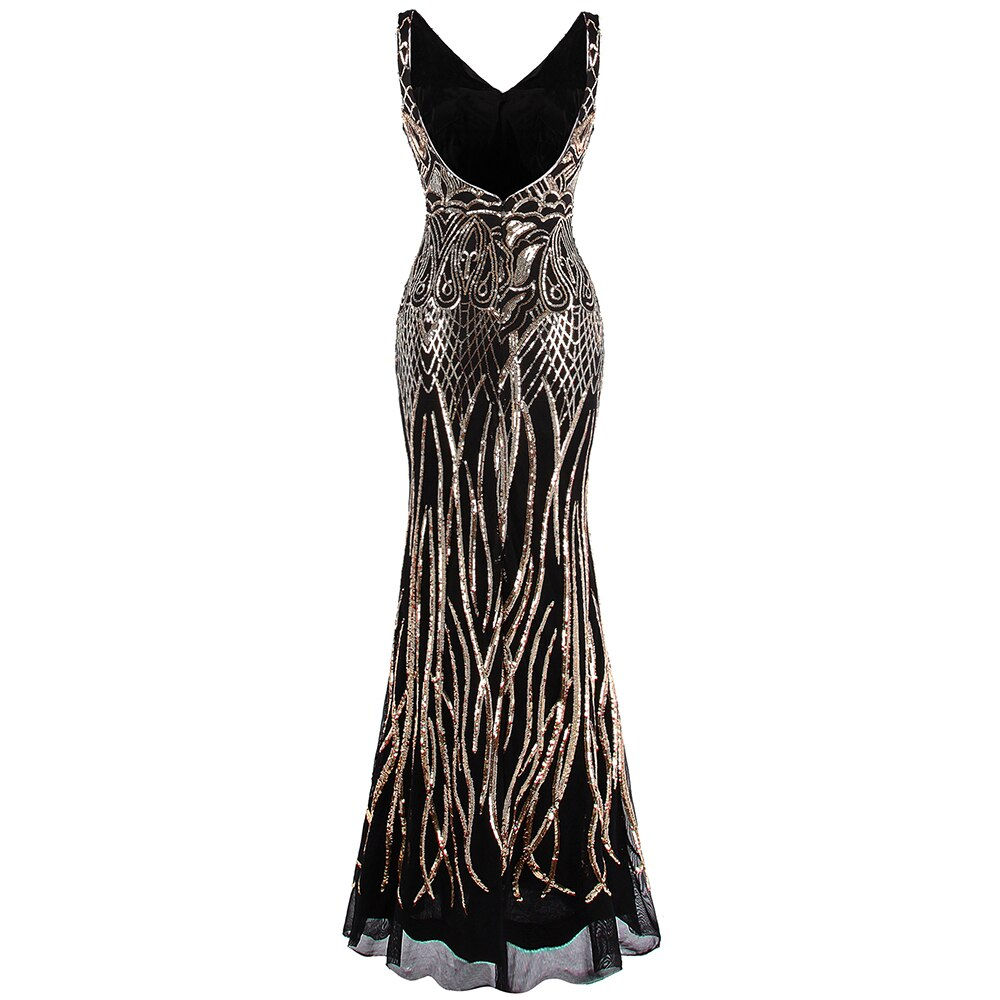Angel-fashions Women's V Neck Evening Dress Gold Sequin Vintage 1920S