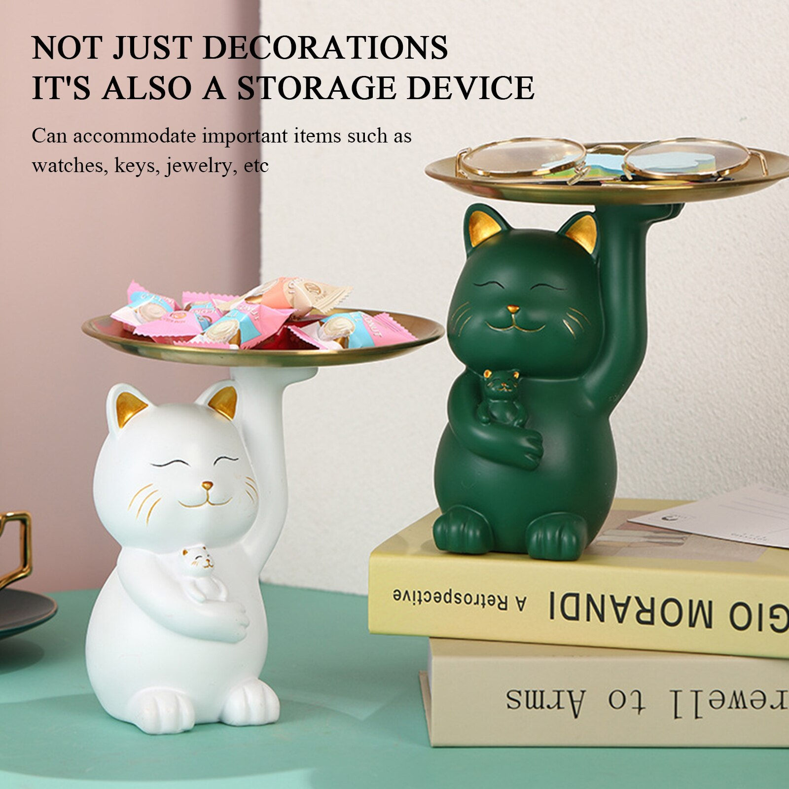 Resin Lucky Cat Sculpture Figurine Storage Plate Candy Tray Key Holder Desktop