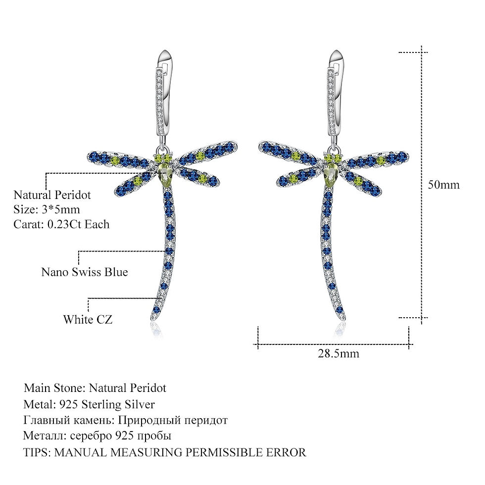 Sīktēls: GEM'S BALLET Natural Peridot Dragonfly Earrings 925 Sterling Sliver Vintage Got