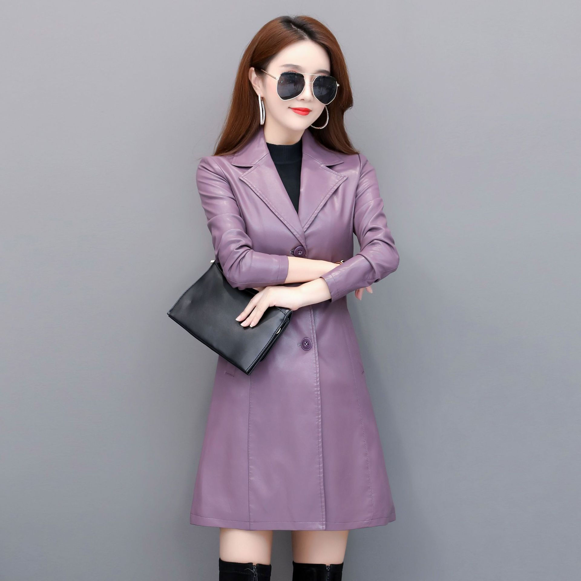 Women's Plus Size Leather Lapel Mid Length Jacket