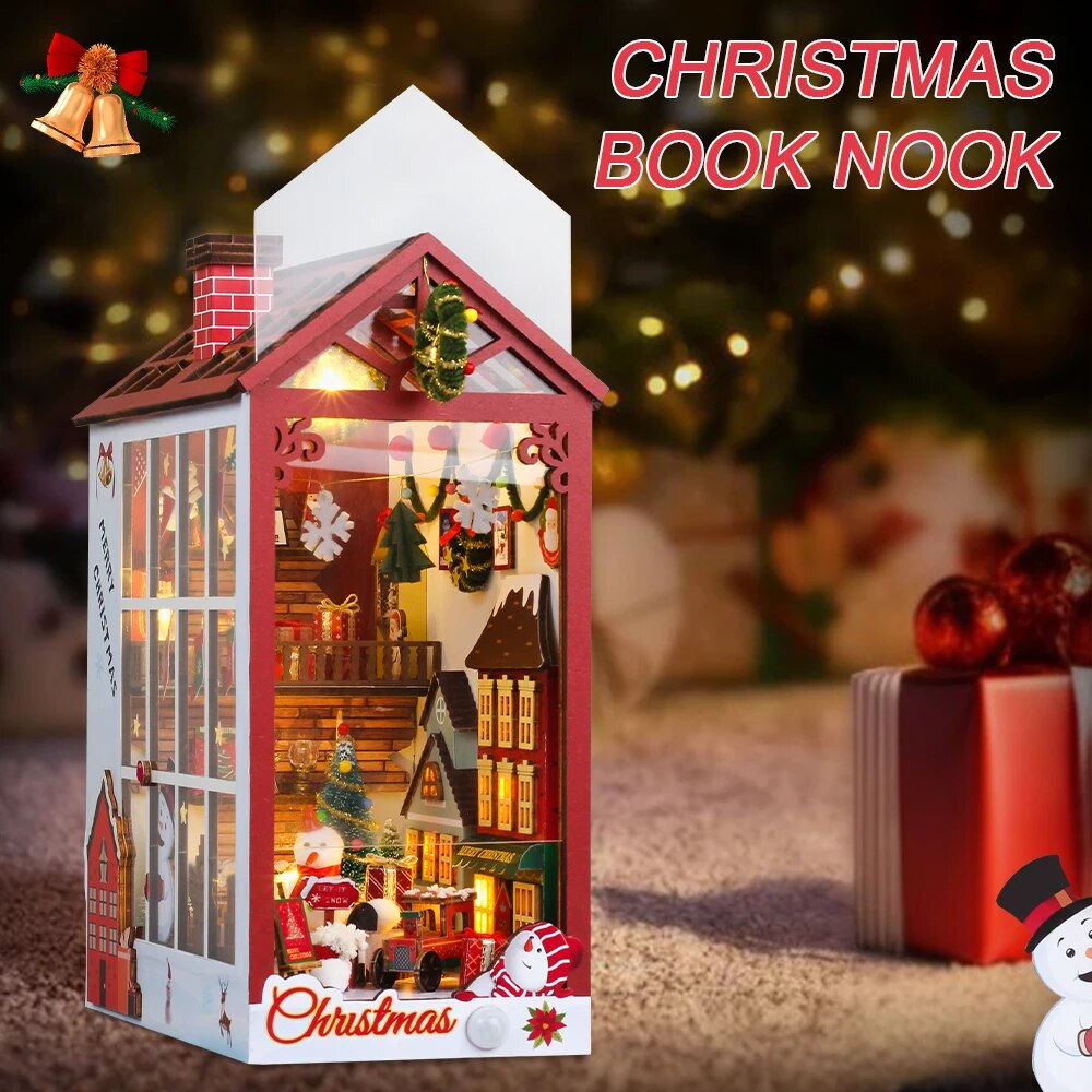 Christmas DIY Book Nook 3D Puzzle Doll House with Sensor Light Dust Cover Music