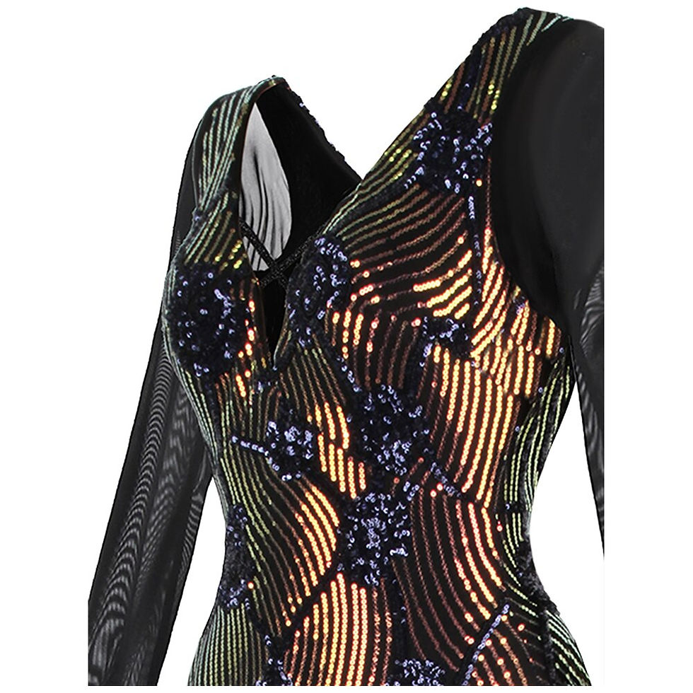 Thumbnail: Angel-fashions Women's Deep V Neck Floral Sequin Illusion Long Sleeves Maxi