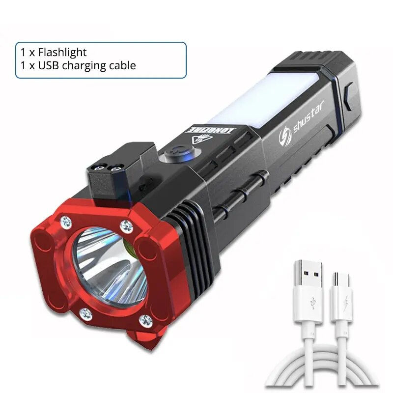 USB Charging Super Bright LED Flashlight With Safety Hammer Side Light Torch Po