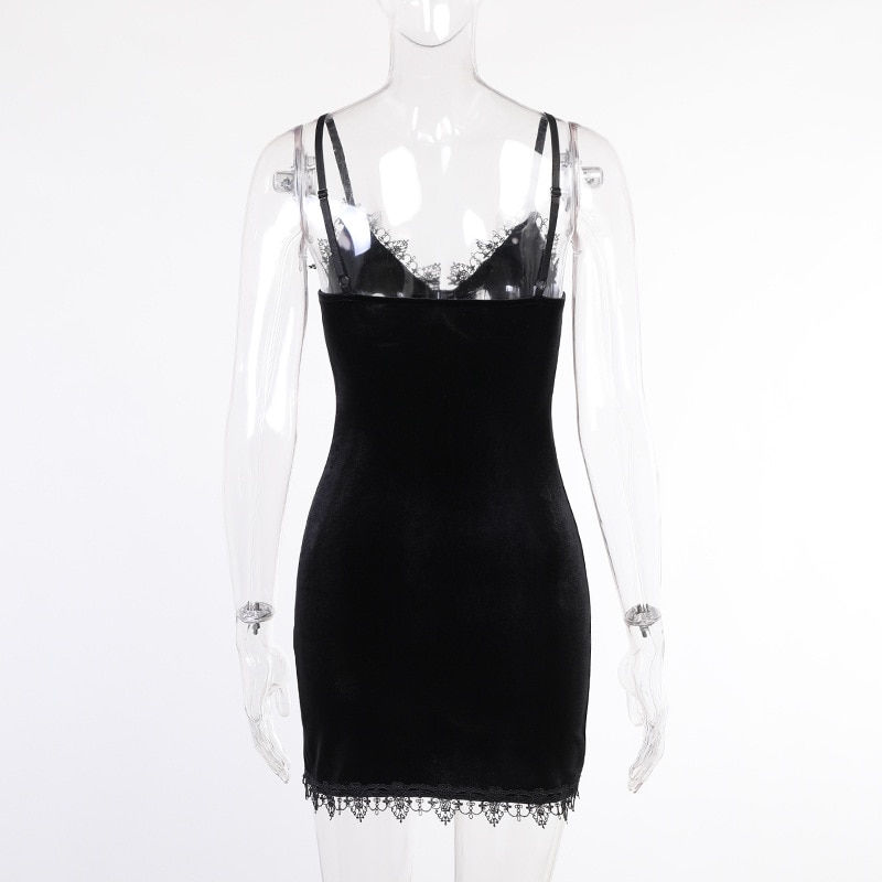 थंबनेल: Dark Cross Black Mini Dress Vintage Sexy Spaghetti Strap High Waist Slit Dresse