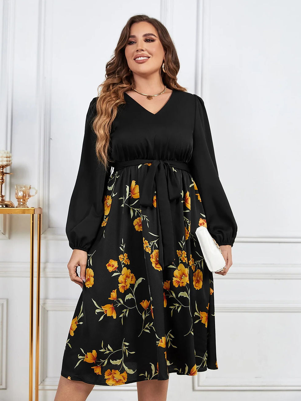 Thumbnail: Plus Size V Neck Women's Long Sleeve Dress Drawstring Waist Belt Floral Print R