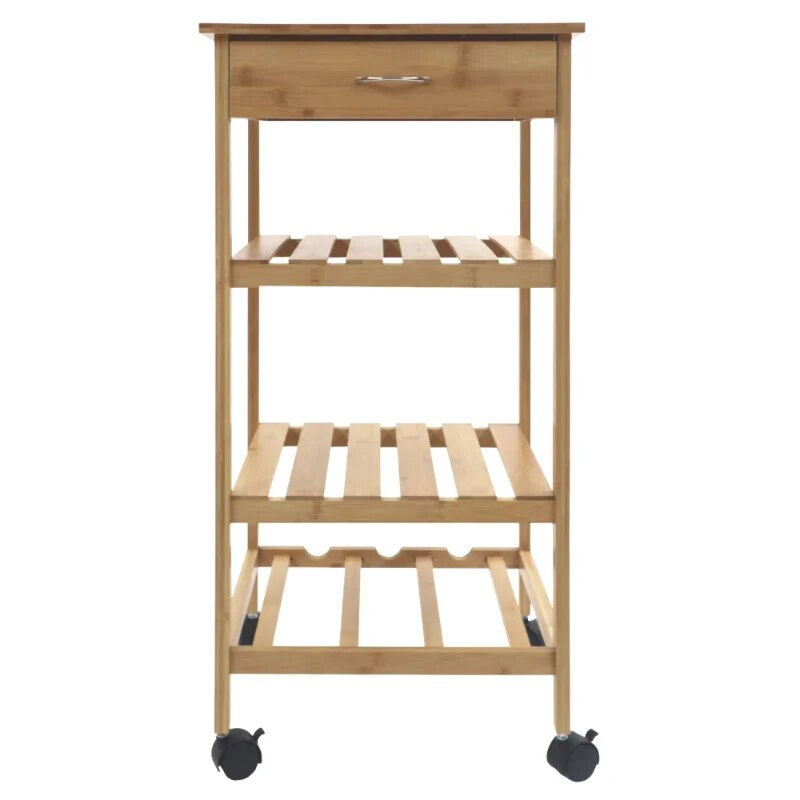 Bamboo Kitchen Multi Shelf Trolley with Wine Rack, Woodgrain Folding Cart