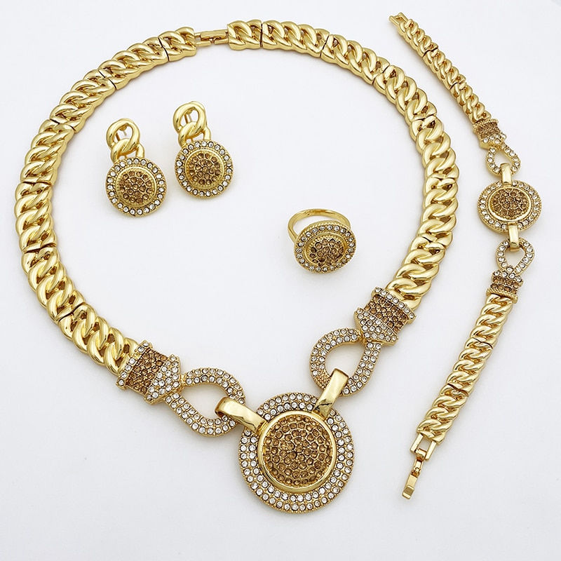 Thumbnail: Dubai Gold Color Jewelry Set For Women Quality 18K Gold Plated Round Necklace E