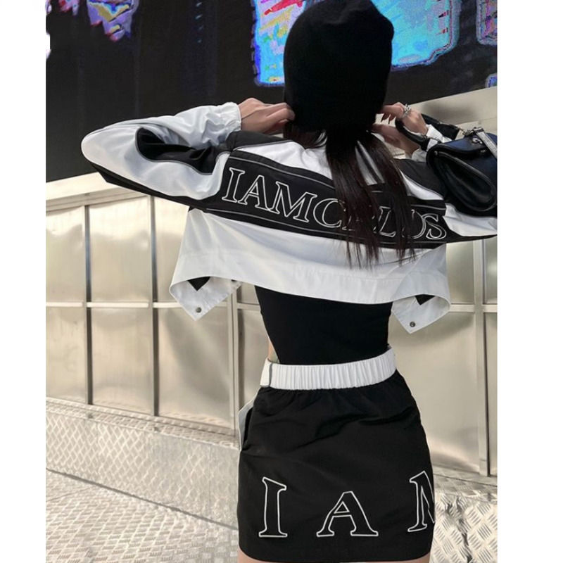 Minijatura: Motorcycle Jacket Coat Top High Waist Short Skirt Two-piece Set