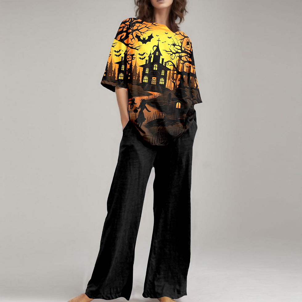 Miniatiūra: 2023 Halloween Two Piece Sets Women Sleeveless O-Neck Tee Top Wide Leg Pants Su