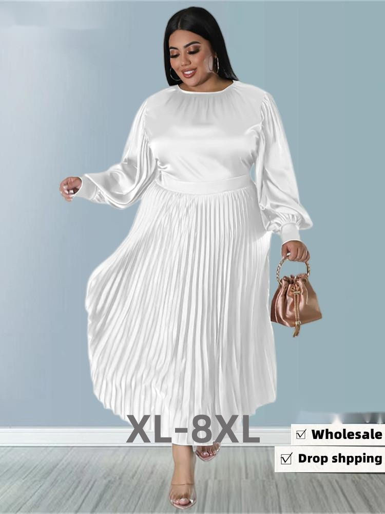Thumbnail: Plus Size Dresses for Women New Fall Clothes Solid o Neck Pleated Elegant Party