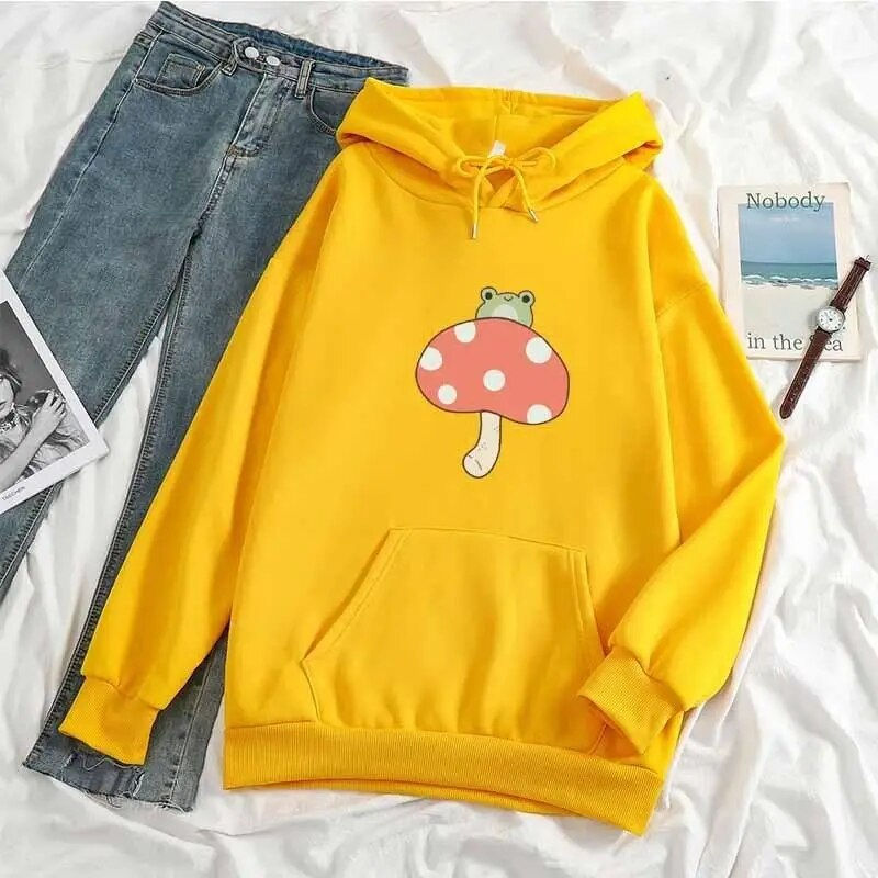 섬네일: Women Korean Hoodies Graffiti Print Mushroom Frog Plus Size Sweatshirt Y2k Hara