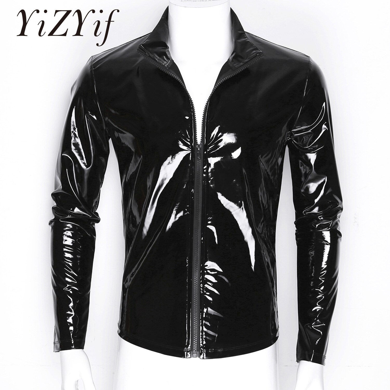YiZYiF Men Shiny Metallic Front-Zip Stand Collar Tops Wet Look Cute Patent Leat