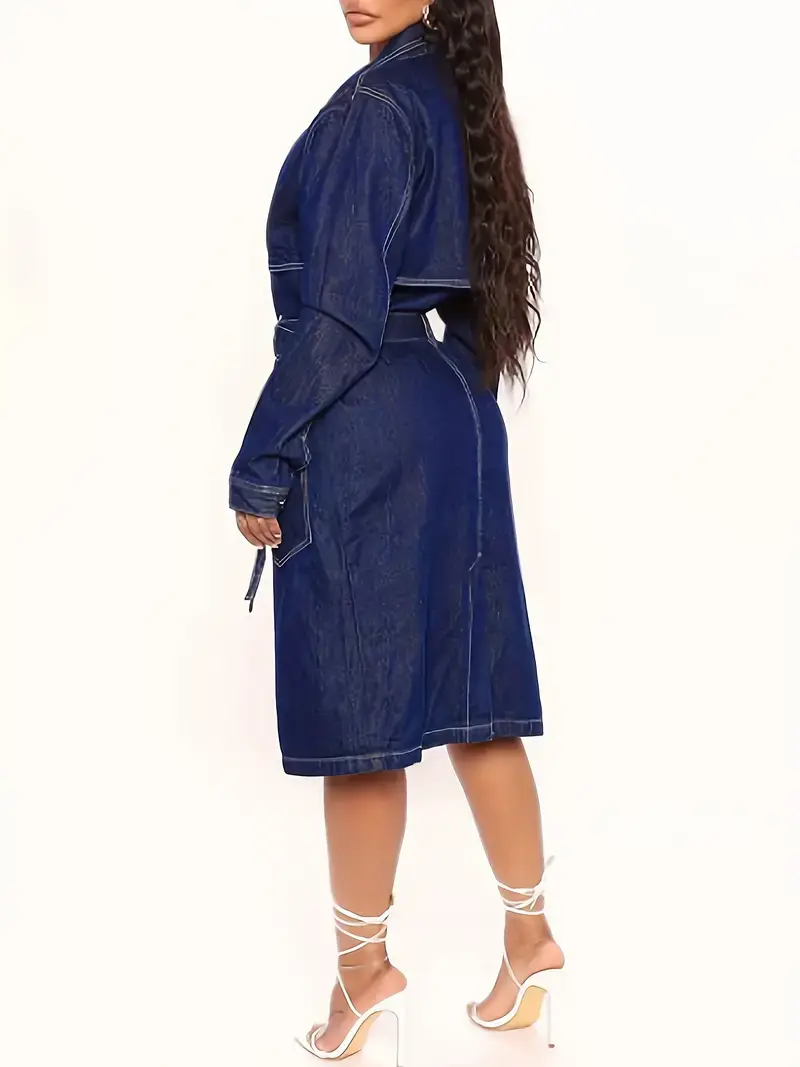 섬네일: Women's Blue Denim Trench Coat - Elegant Long Jean Jacket with Belt, Flap Pocke