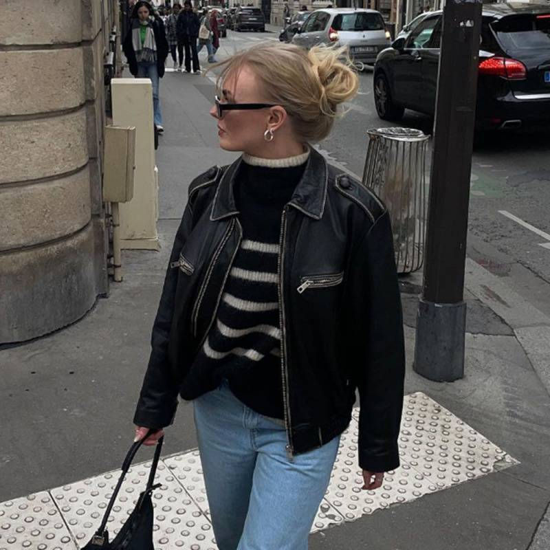 Thumbnail: Women's Sheepskin Coat Retro Biker's Leather Coat