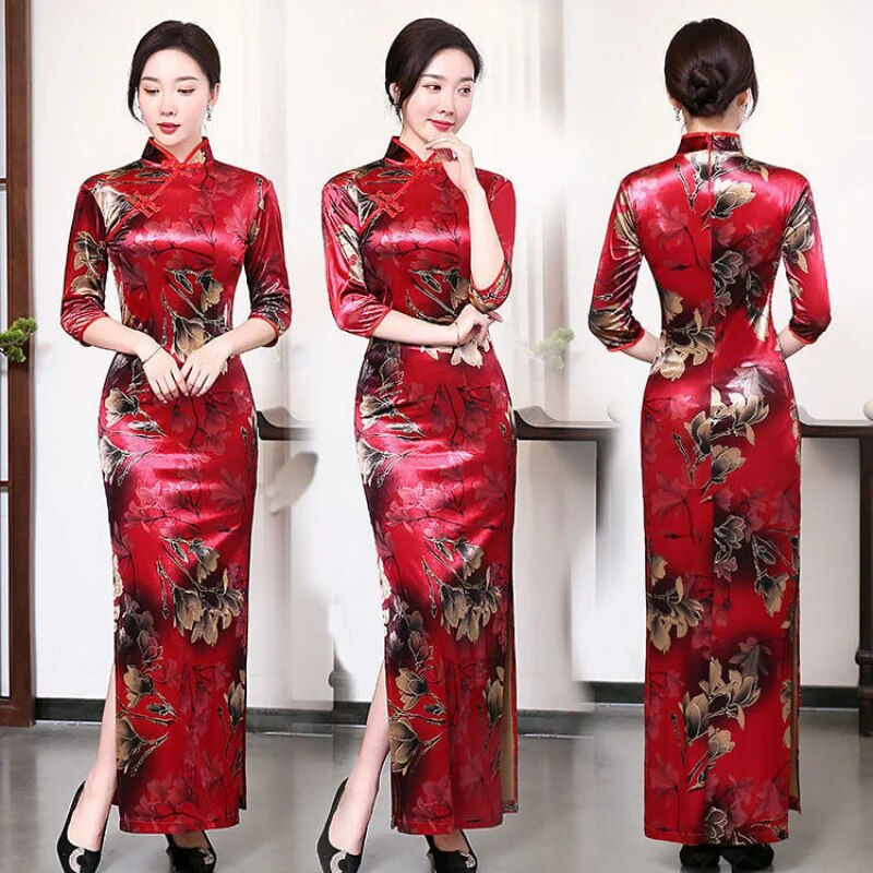 Miniatiūra: Chinese Traditional Cheongsam Vintage Floral Print Elegant Split Qipao for Woma