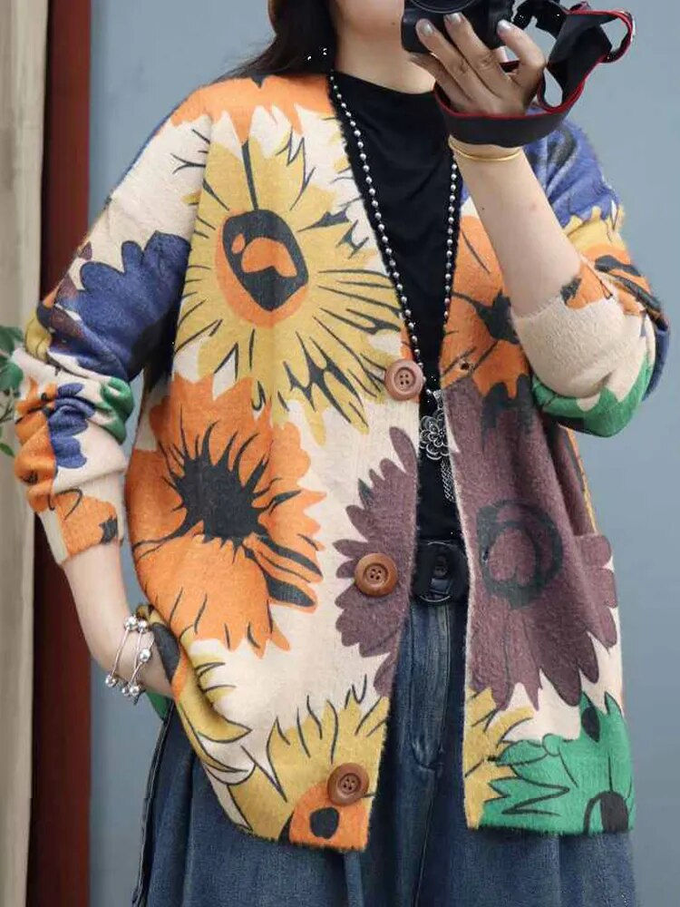 2023 Winter Females Fashion Knitwear Womens Loose Printed Floral Sweaters Ladie