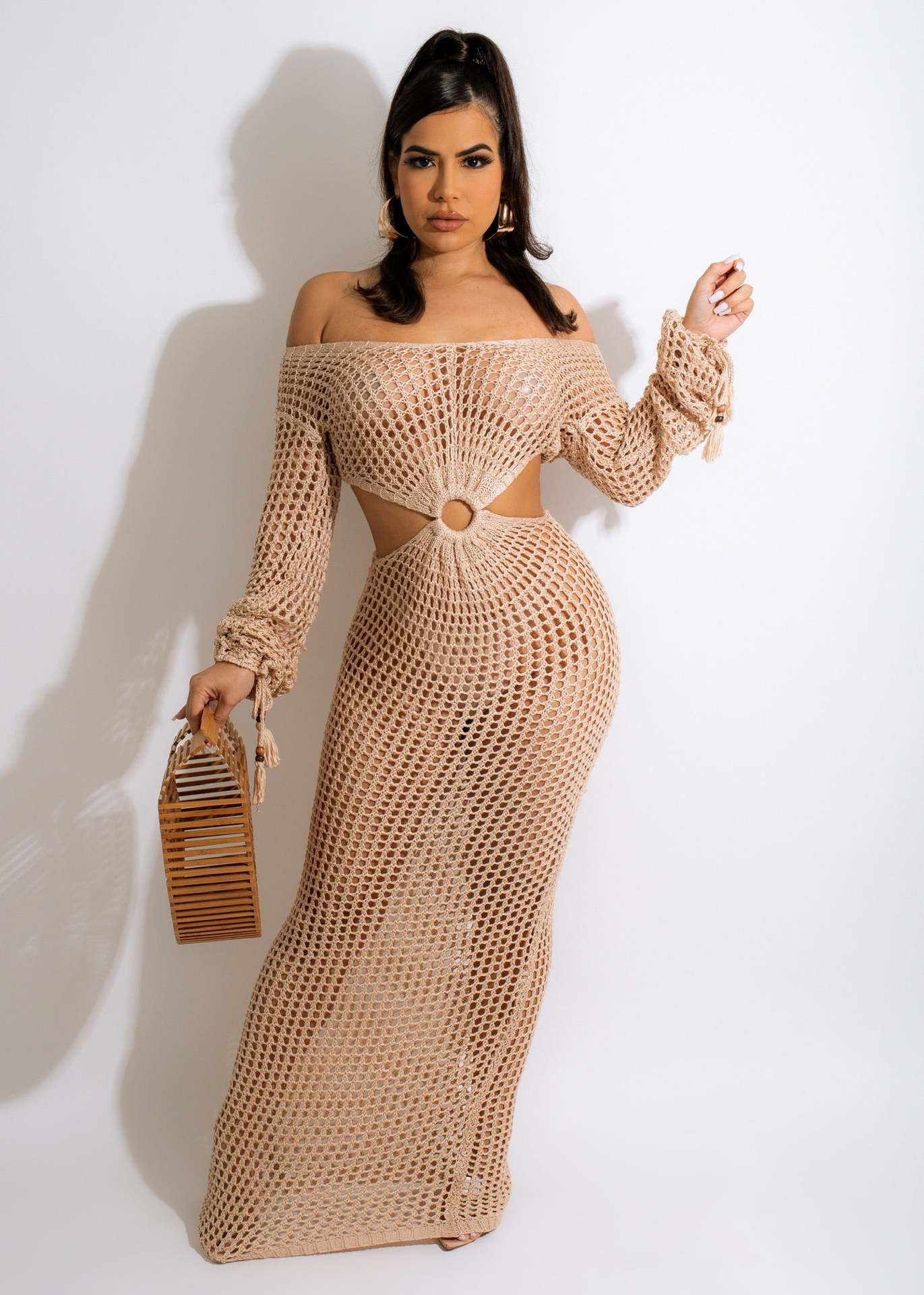 Knit Rib Hollow Out Long Dress for Women 2023 New Sexy V Neck Long Sleeve