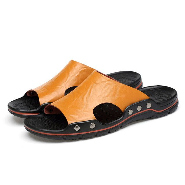 Thumbnail: Summer Men Slippers Genuine Leather Breathable Clogs Sandals Beach Classics Lea