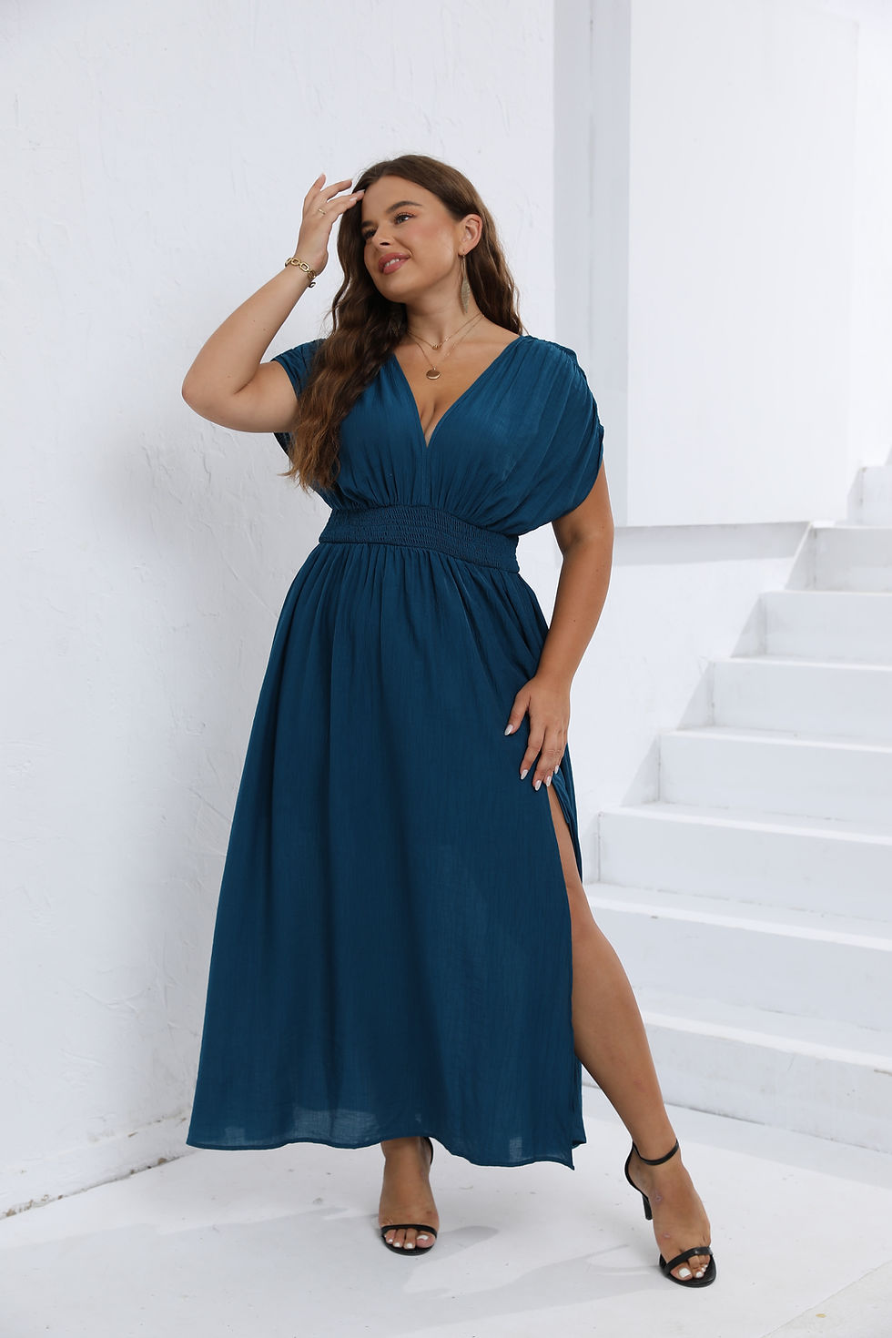 Miniatura: Europe and the United States  summer solid color V-neck elastic waist slimming