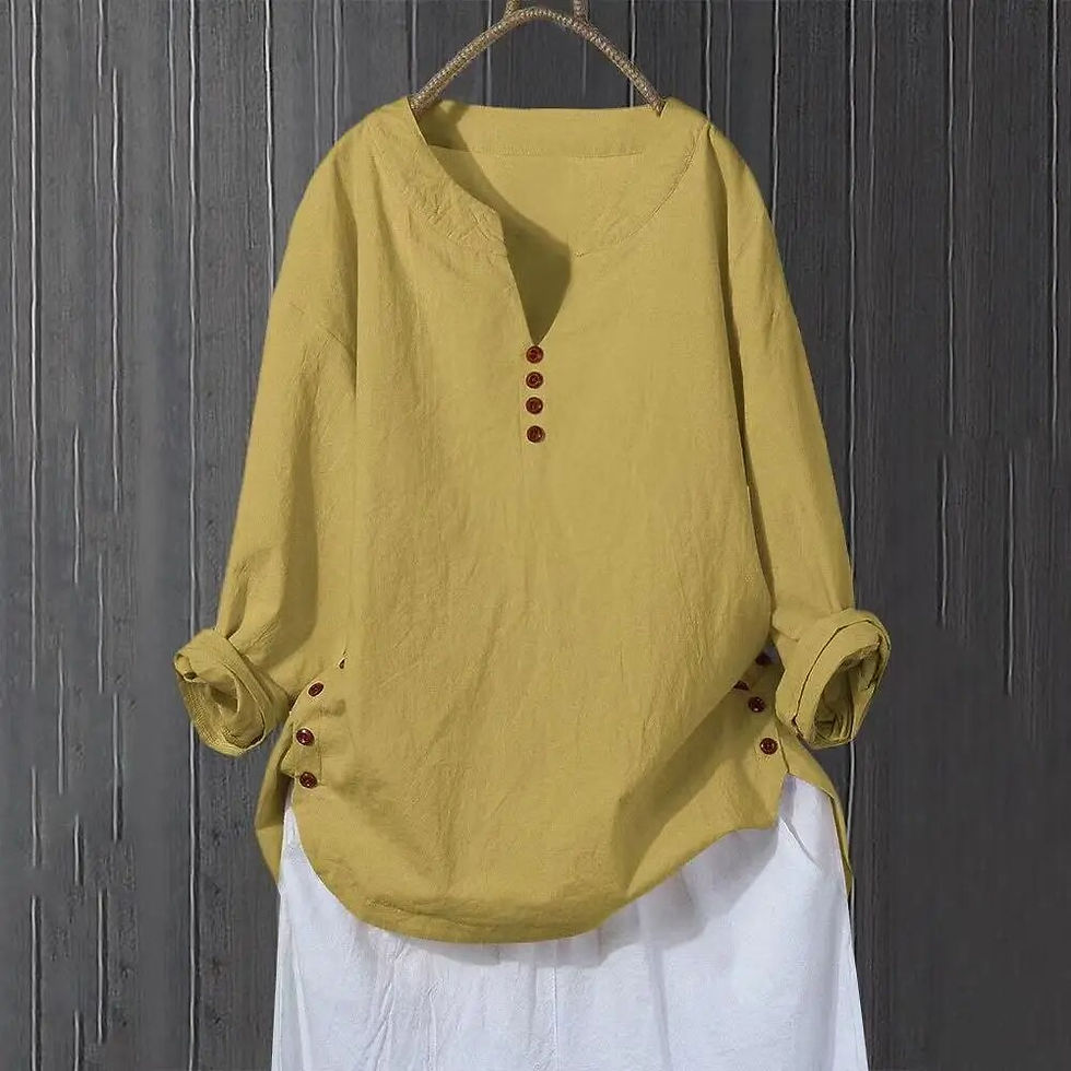 Thumbnail: Women Solid Cotton Linen Baggy Tunic Tops Ladies Long Sleeve Plain V Neck Butto