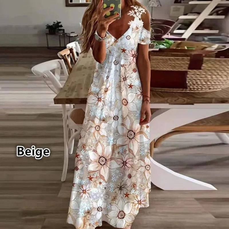 Thumbnail: Plus Size Women Floral Print Maxi Dress Boho Lace Sling Hollow Out Long Dress C