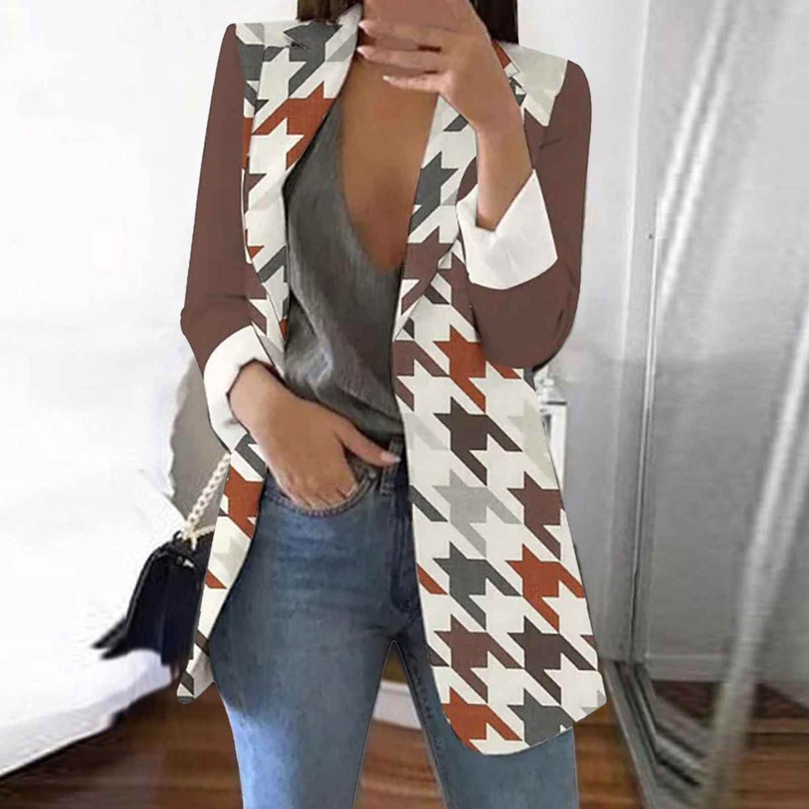 Women's Printed Cardigan Formal Suit Long Sleeve Lapels Business Office Jacket