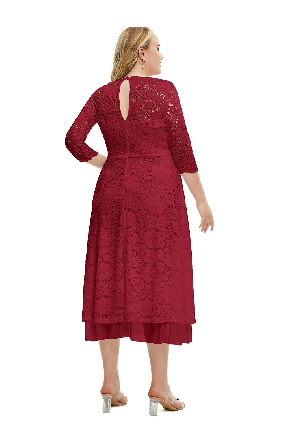 Thumbnail: Plus Size Floral Print Contrast Mesh Half Sleeve Party Wedding Dress For Women