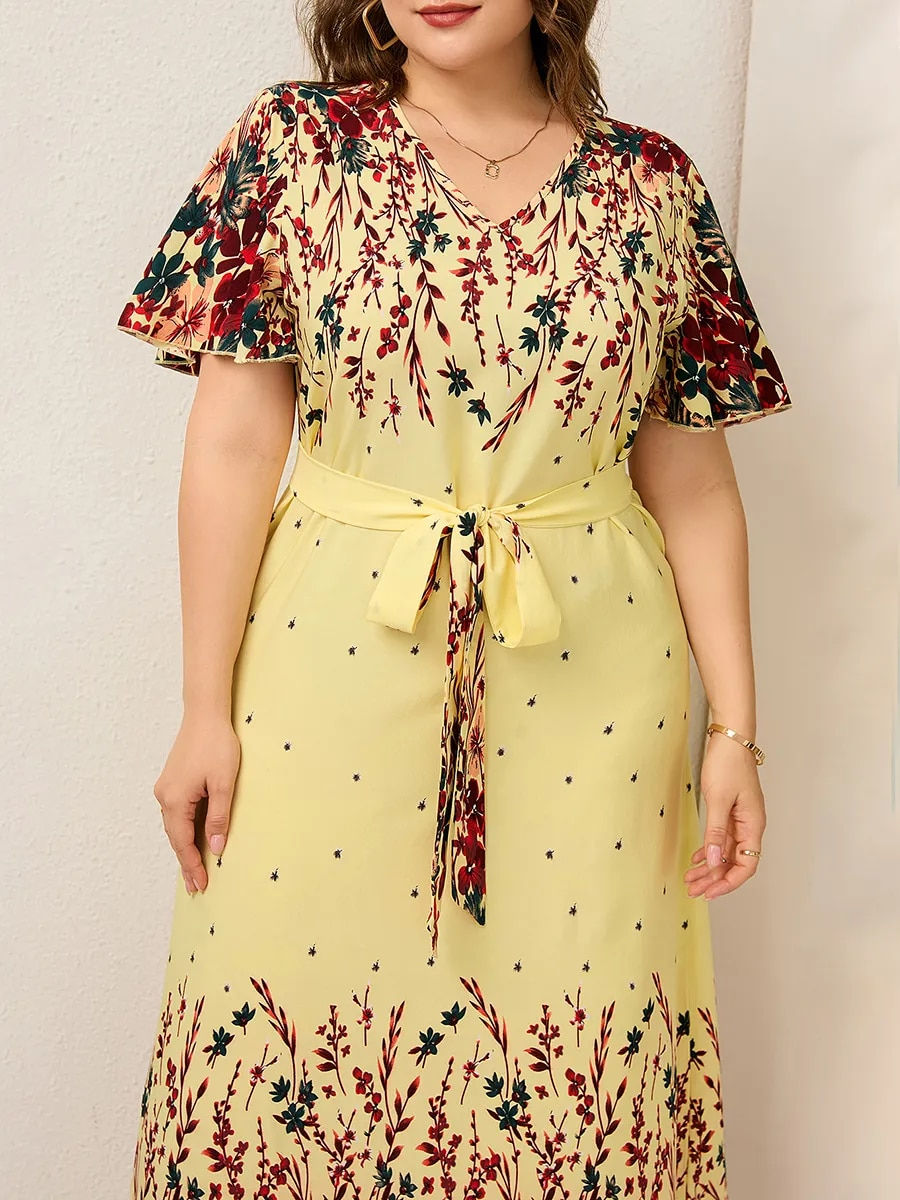 Thumbnail: 2023 Women Summer Long Dress V Neck Short Sleeve Floral Print Boho Beach Dress