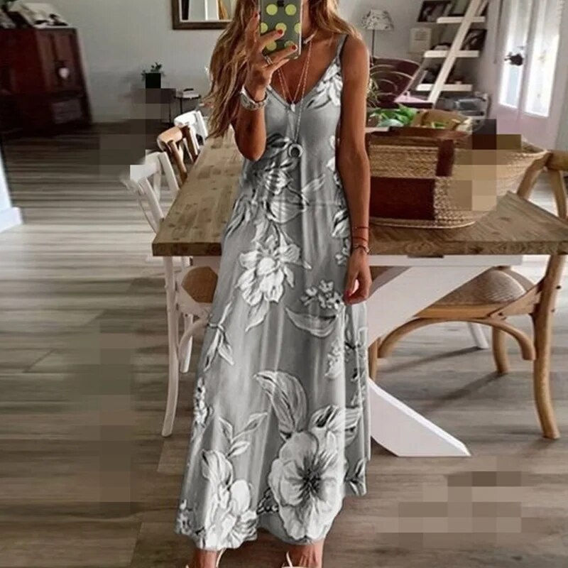 Thumbnail: Plus Size Spring Summer Women Dress Blue Floral Print V-Neck Long Dresses Casua