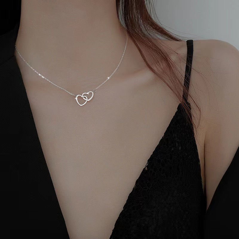 Thumbnail: Japanese And Korean Style Cold Metal Alloy Peach Heart Double Heart Necklace
