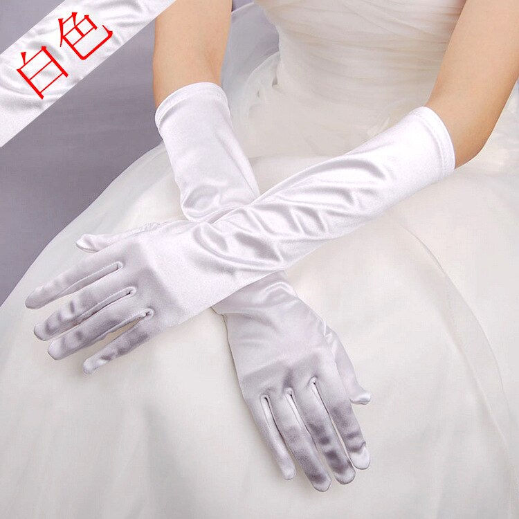 Thumbnail: Stretch Satin Full Finger Long Gloves Classic Adult Black White Opera/Elbow/Wri