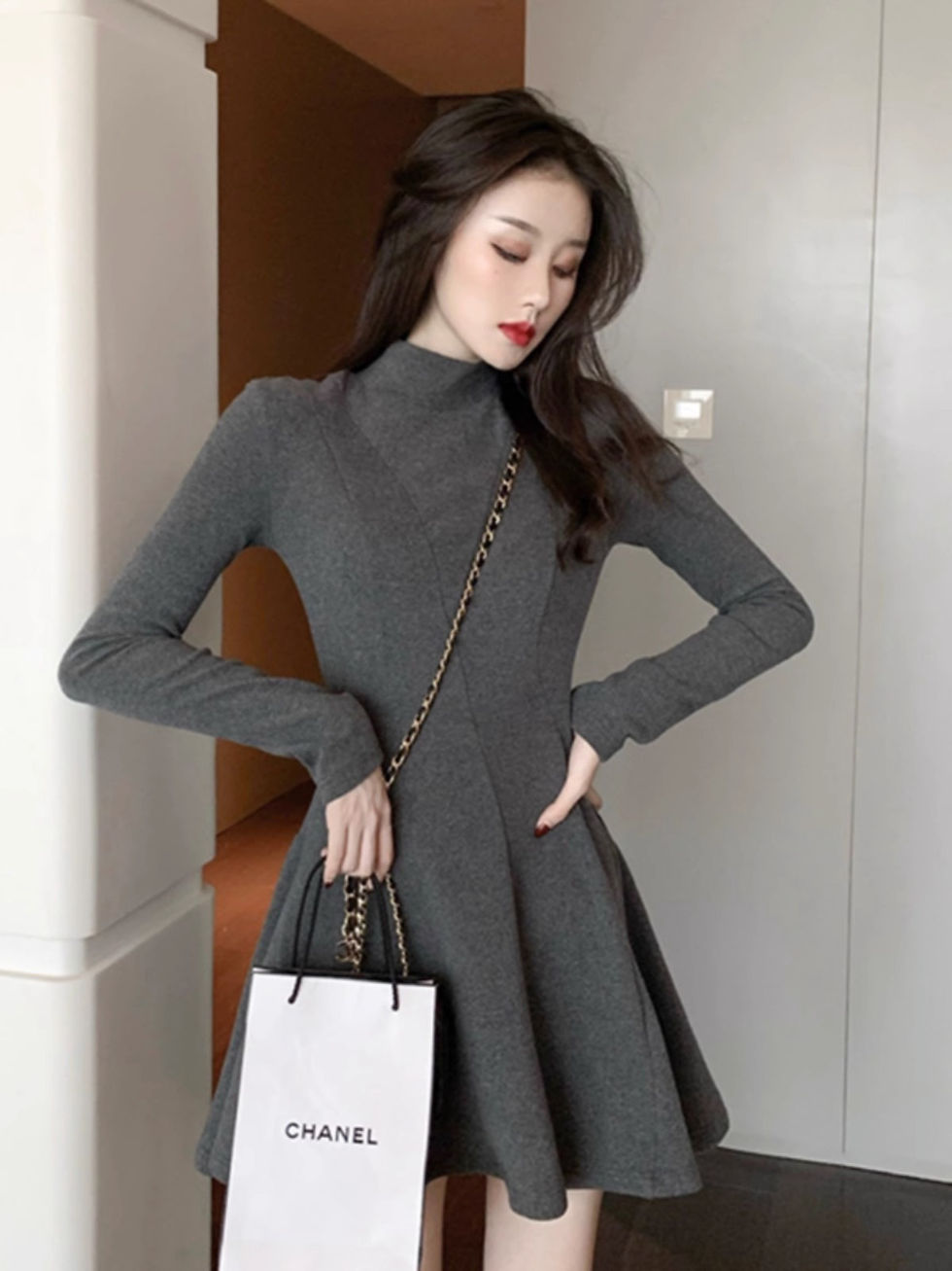 Thumbnail: Autumn And Winter Half-high Collar Waist Trimming Short Coat Inner Wear Dress H