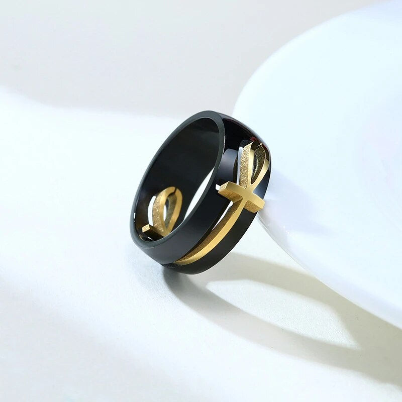 Miniatură: Vnox Men's Two Tones Removable Ankh Egyptian Cross Ring Stainless Steel Detacha