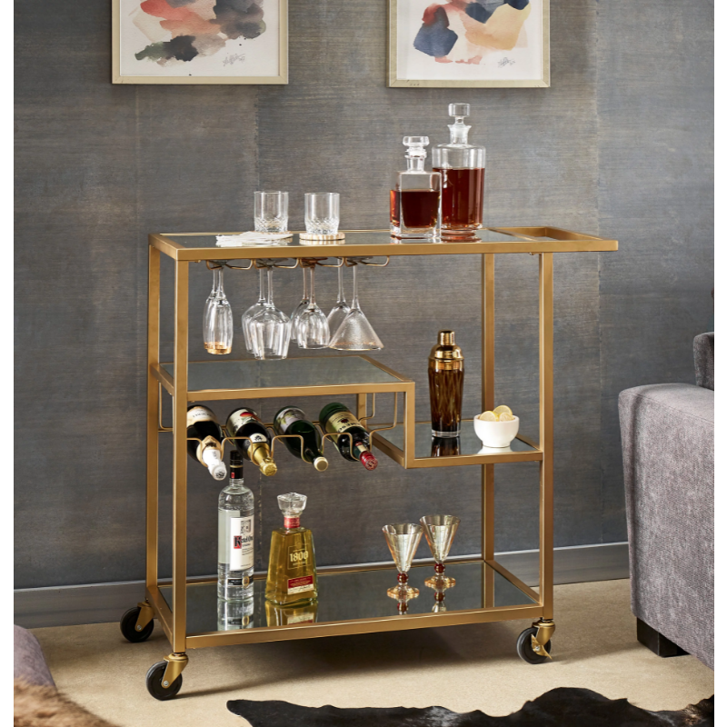 Thumbnail: Chelsea Lane Champagne Gold Mirror Glass Metal Bar Cart 40" Long X 16" Wide X 3