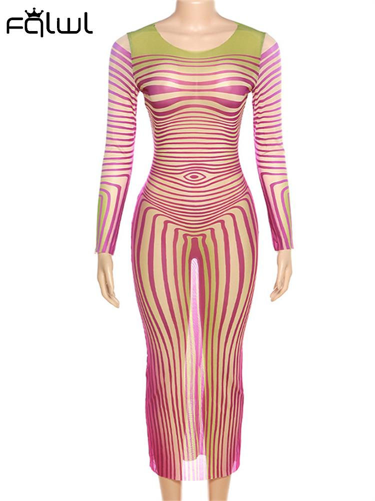 Pikkukuva: Habbris Pink Patchwork Stripe Long Dress Party Evening Fo Women 2023 Autumn Lon