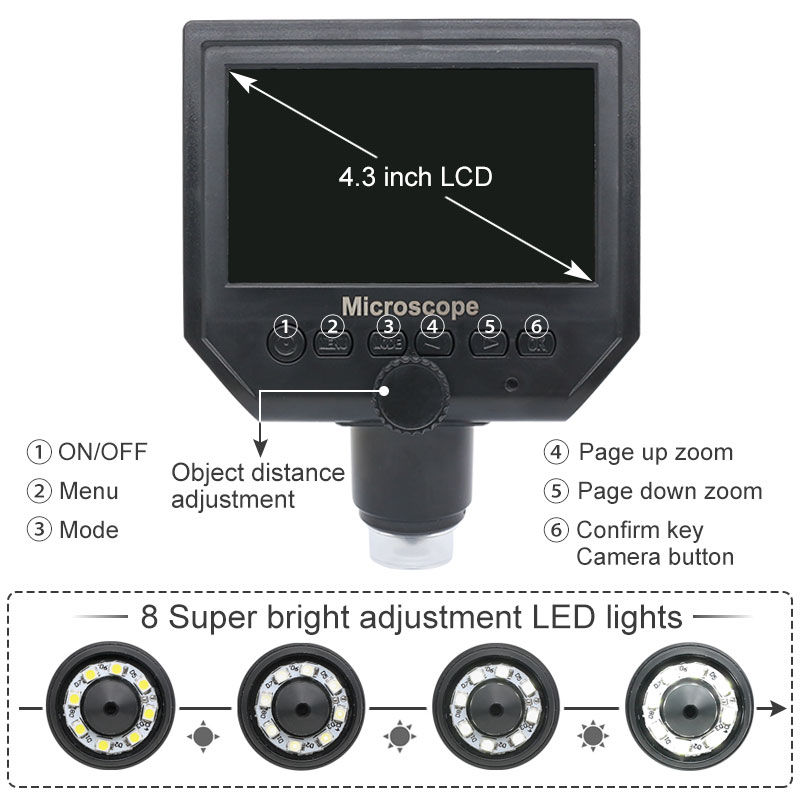 Thumbnail: 600x 3.6MP Digital Microscope Aluminum Alloy Stand 4.3 Inches HD LCD Video