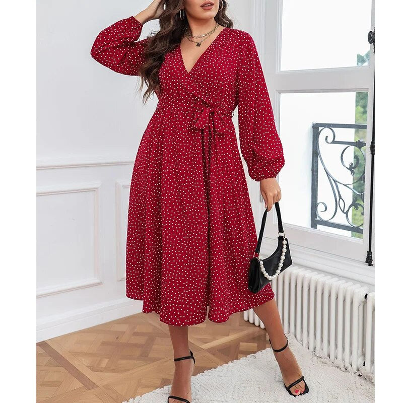 Thumbnail: Autumn Winter Elegant Oversized Polka Dot Plus Size Dress Long Sleeve Design Wa