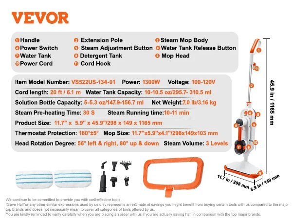 VEVOR Steam Mop Cleaner 5-in-1 High Temperature Steam Cleaner Multipurpose Floo