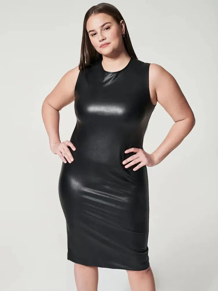 Women Plus Size Tank Dress Matte Leather Sleeveless Straight Big Size 5XL 6XL 7