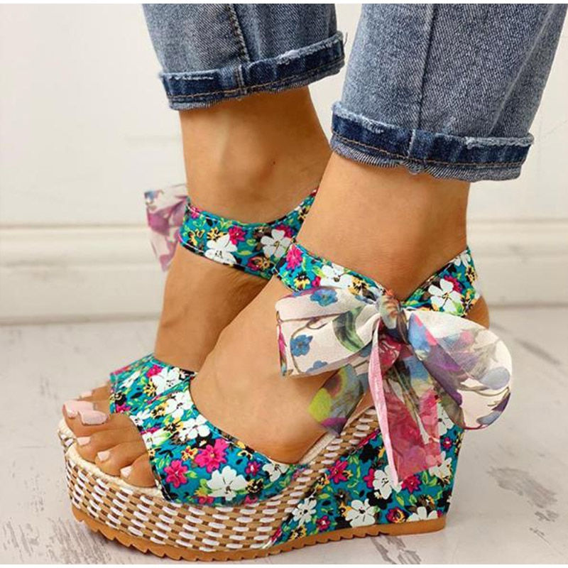Thumbnail: Ladies Summer Beach Boho Floral Wedge Sandals Women Ankle Strap Platform Gladia