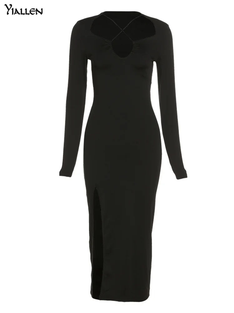 Thumbnail: Yiallen Autumn Crossed Cleavage Maxi Dress Women Concise Side Spilt Elegant Ves