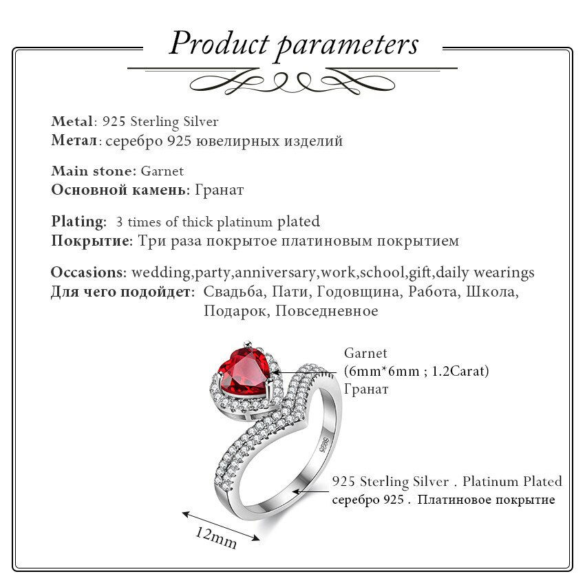 Thumbnail: Almei 925 Sterling Silver Sparkling Love Garnet Heart Ring Women Full Crystal